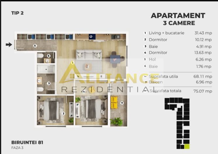 {5 minute Metrou} Apartament 3 camere - 2 bai | 75 mp - Schiță 10