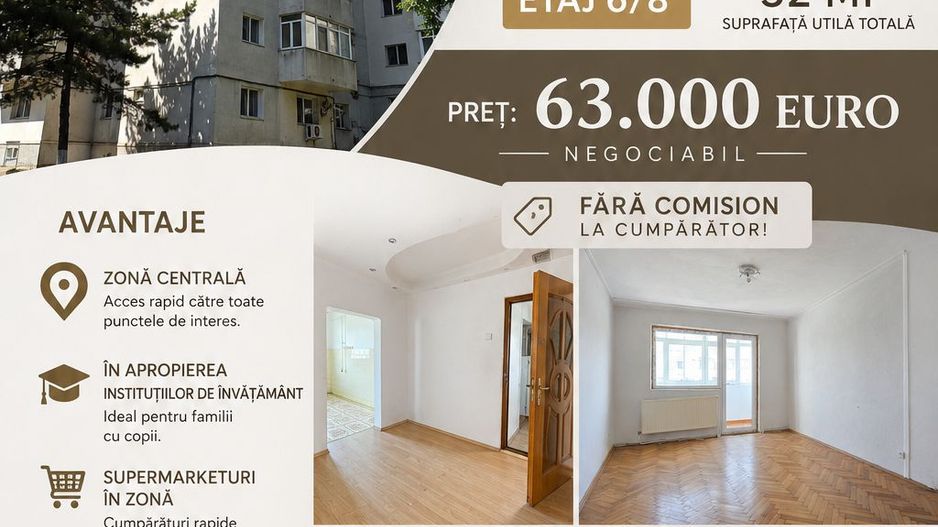 Apartament cu 2 camere, etaj 6 cu lift, VASLUI - zona CENTRU - AUROCOR; - Poză 1