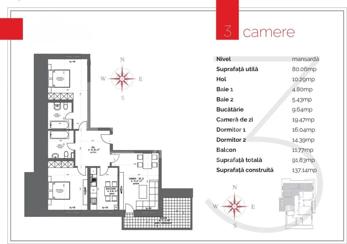 Vânzare, penthouse, 3 camere cu vedere la munte, Coder Residence - Schiță 4