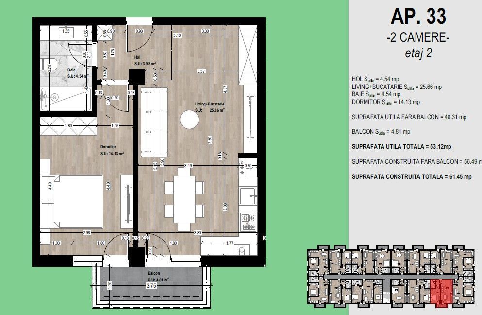 Apartament nou de vânzare Otopeni – 2 camere, balcon, parcare inclusă - Schiță 8