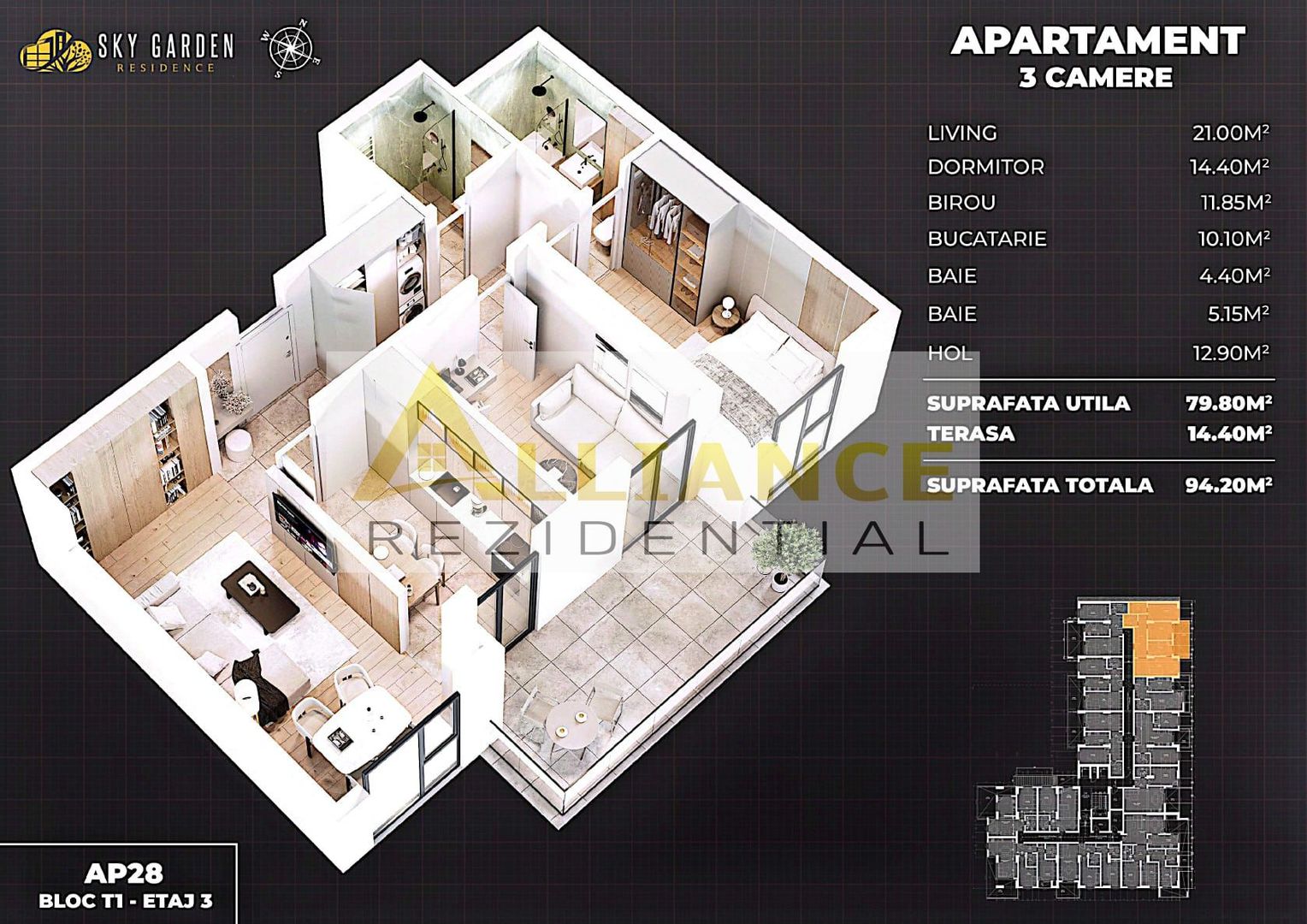 APARTAMENT 3 CAMERE SI 2 BAI DE VANZARE - SKY GARDEN RESIDENCE - Poză 15