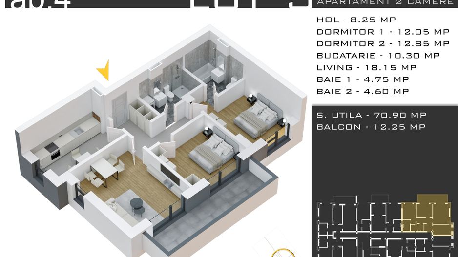 3 camere -parcare inclusa - proiect nou -Pallady - Schiță 13