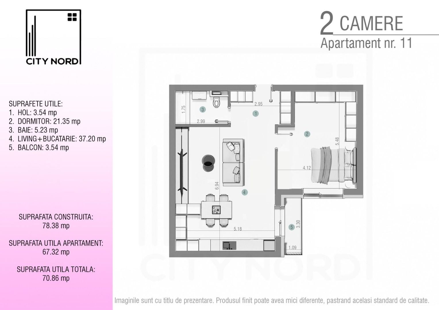 Apartament 11 / 23 – 2 camere – 67.3 mp – Balcon – Etaj 1 / Etaj 2 - Poză 1