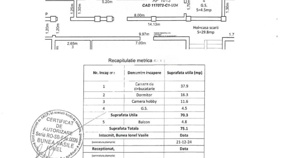 Apartament  | 3 camere | 70 mp | intabulat | etaj 1 | Șelimbăr, zona O. Goga - Schiță 8