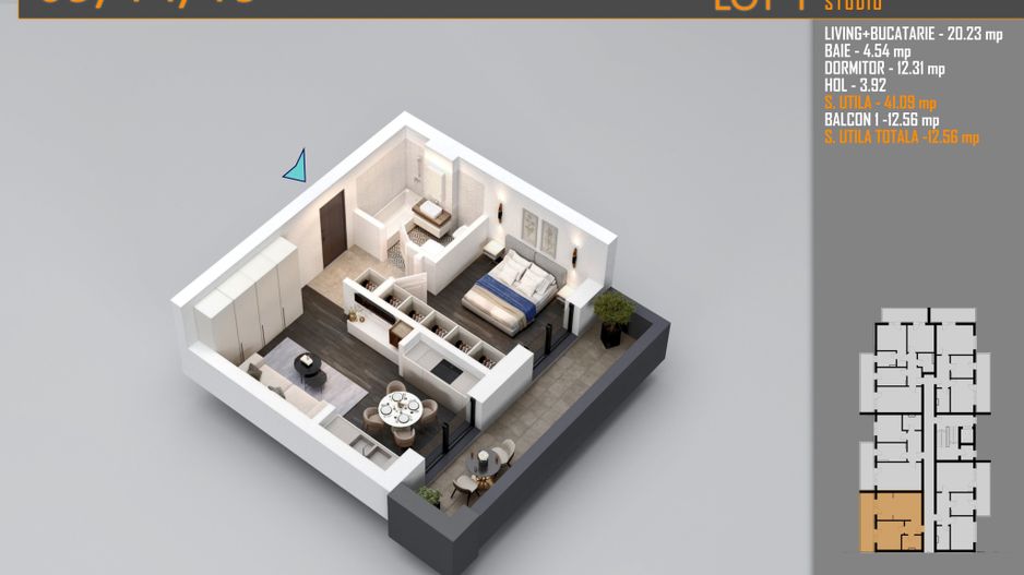 APARTAMENT 2 CAMERE TIP STUDIO CU INCALZIRE IN PARDOSEALA - Poză 4