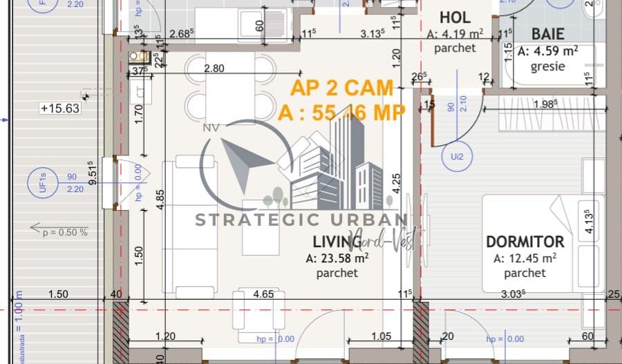 Apartament cu două camere, decomandat, finisat, EROILOR RESIDENCE - Schiță 13