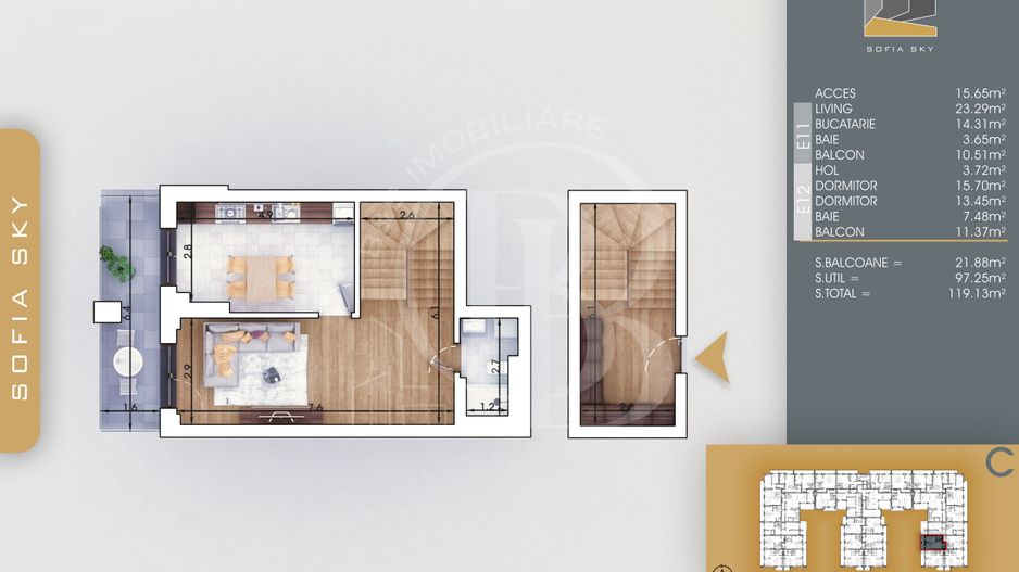 Duplex 3 camere cu 2 balcoane | Bucatarie Inchisa 14mp - Schiță 4