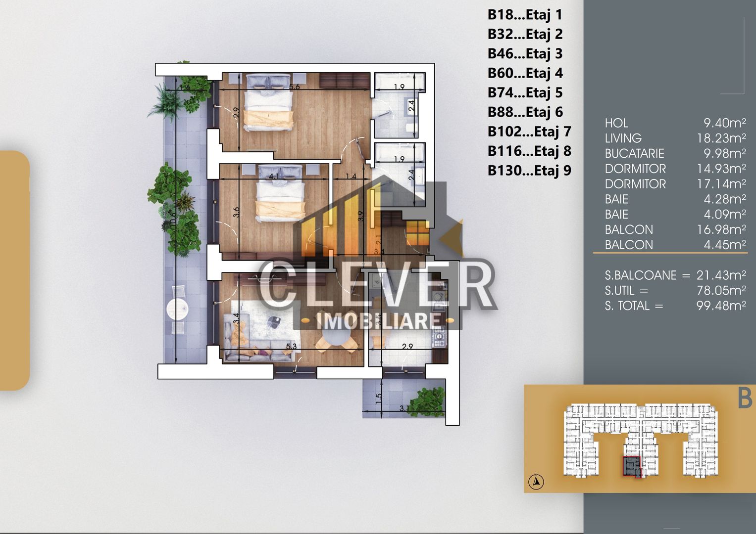 3 Camere | 99,5 mp | 2 Balcoane 21,4 mp | Pallady | Comision 0% - Schiță 6