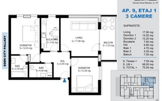 3 Camere Pallady | Etaj 1  Balcon Mare  Încălzire Pardoseală - Schiță 8