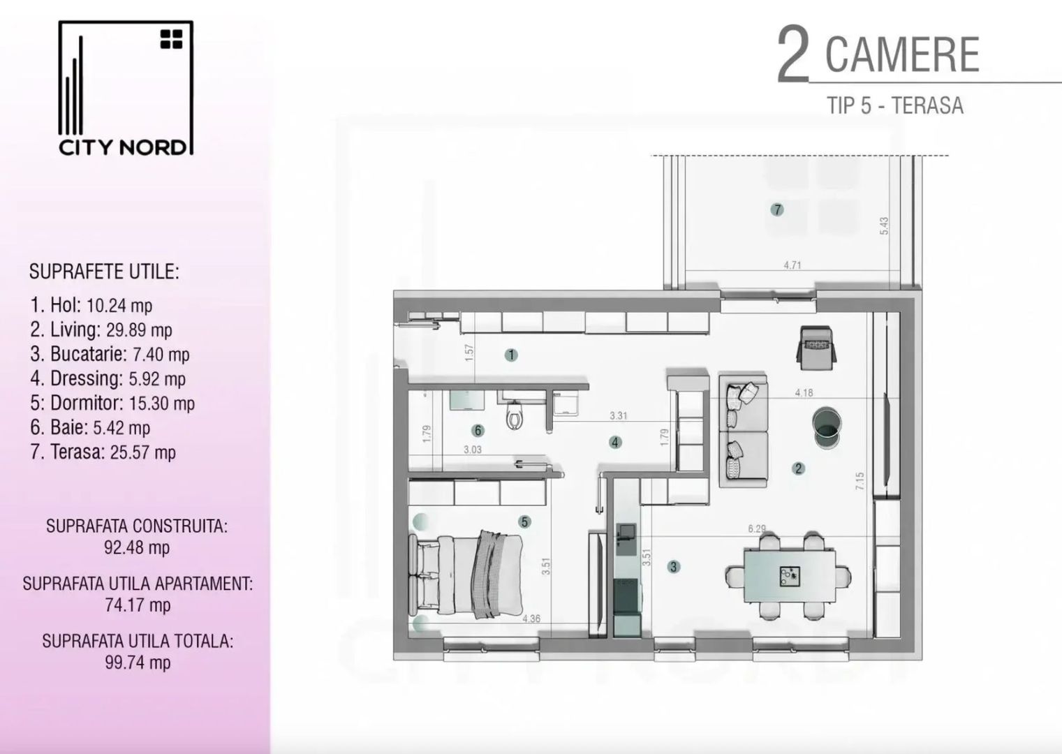 Apartament 2 camere cu terasa  - 99.74 mp - CITY NORD 1 Decembrie - Poză 1