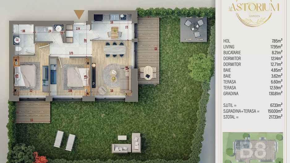 3 camere Premium 2 terase si gradina 150 mp Titan Pallady - Schiță 6