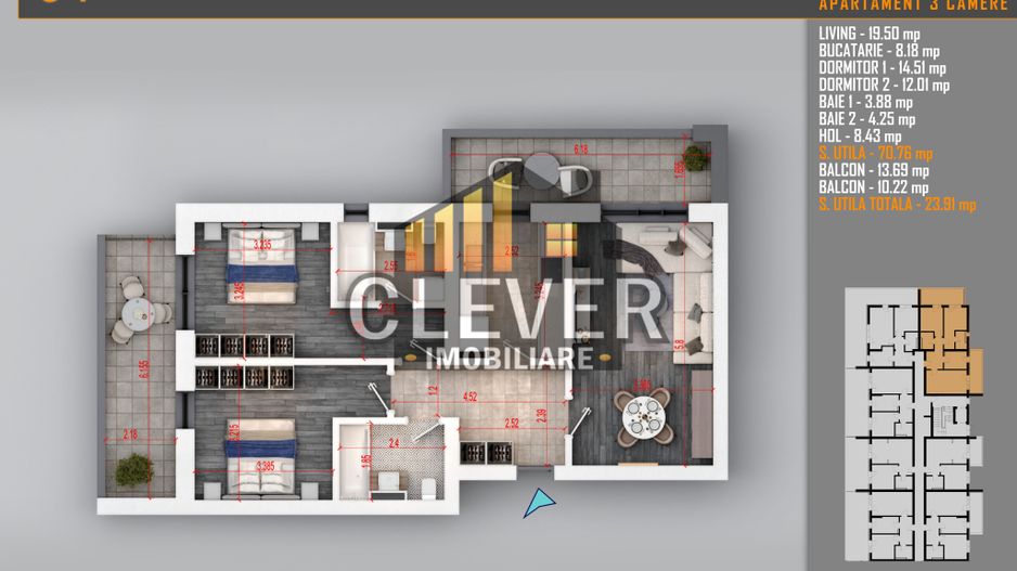 3 Camere | 95.44 mp Total | 2 Balcoane | Metrou Nicolae Teclu - Schiță 9