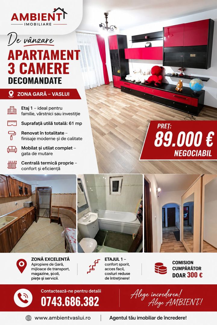 Apartament 3 camere, etaj 1, mobilat și utilat, zona GARĂ; - Poză 1