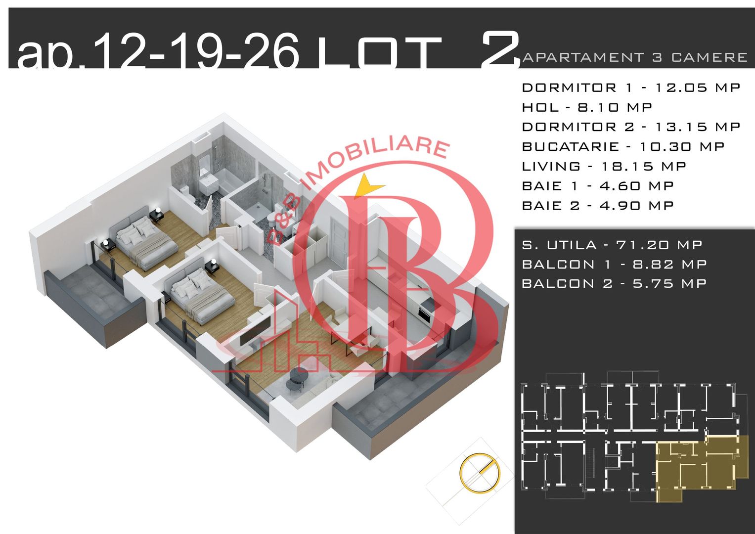 3 camere -parcare inclusa - proiect nou -Pallady - Schiță 13