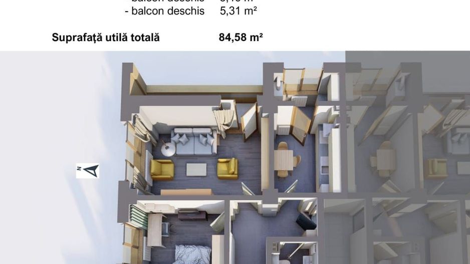 APARTAMENT NOU - 3 camere, ETAJ 6, BLOC NOU - zona CARTIER; - Poză 2