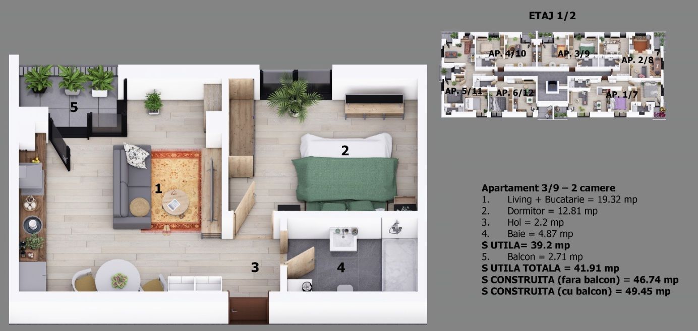 Apartament 2 camere Otopeni central | bloc cu lift | include parcare - Schiță 10