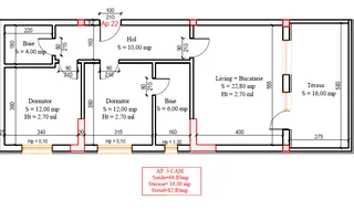 3 Camere | 82.8 mp | Terasa 16 mp  | Comision 0% | Pallady - Schiță 12