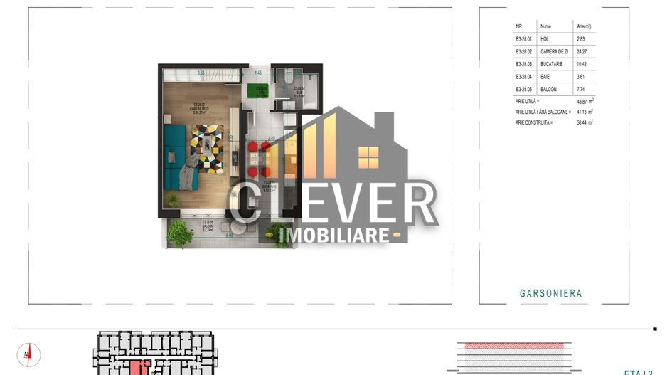 Garsonieră | Bucătărie separată | Balcon mare | Pallady - Schiță 6