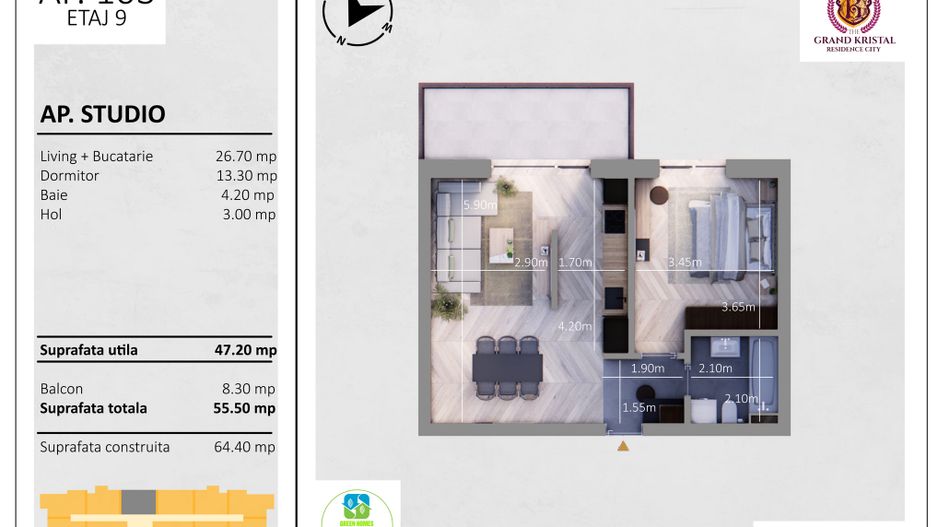 Nou! Apartament modern cu 2 camere si balcon, zona Bd.Metalurgiei - Schiță 5