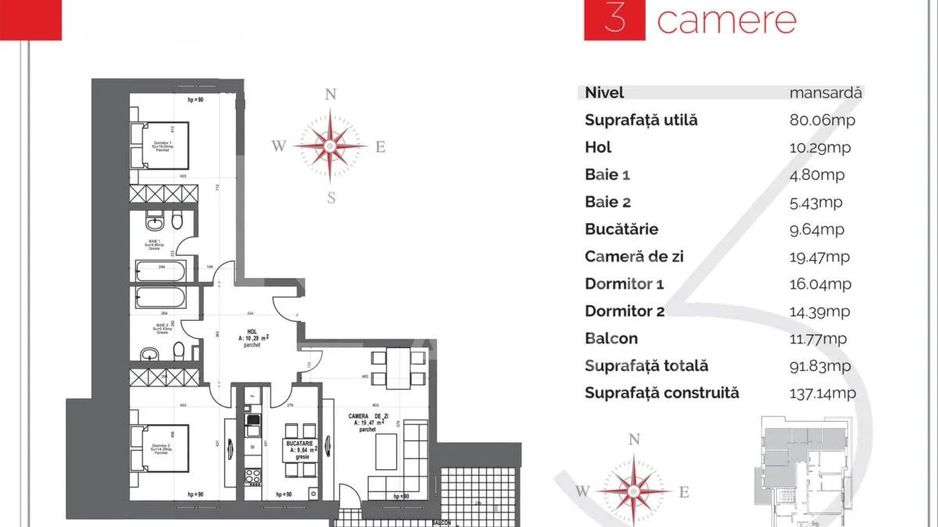 Vânzare, penthouse, 3 camere cu vedere la munte, Coder Residence - Schiță 4