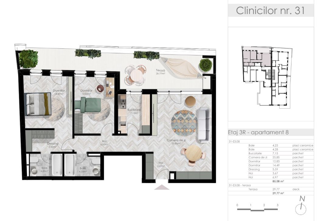 3 camere Clinicilor | terasa 30 mp| vedere spre Parcul Central | Comision 0% - Poză 3