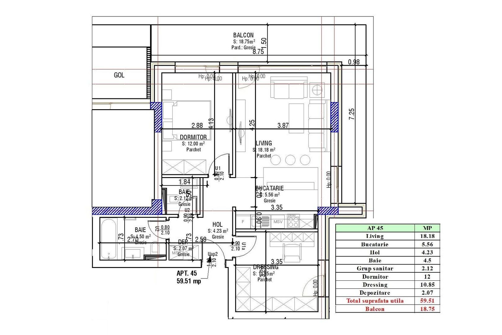 Apartament 2.5 Camere Sala Polivalentă | 59 mp Util + 18 mp Balcon - Schiță 14