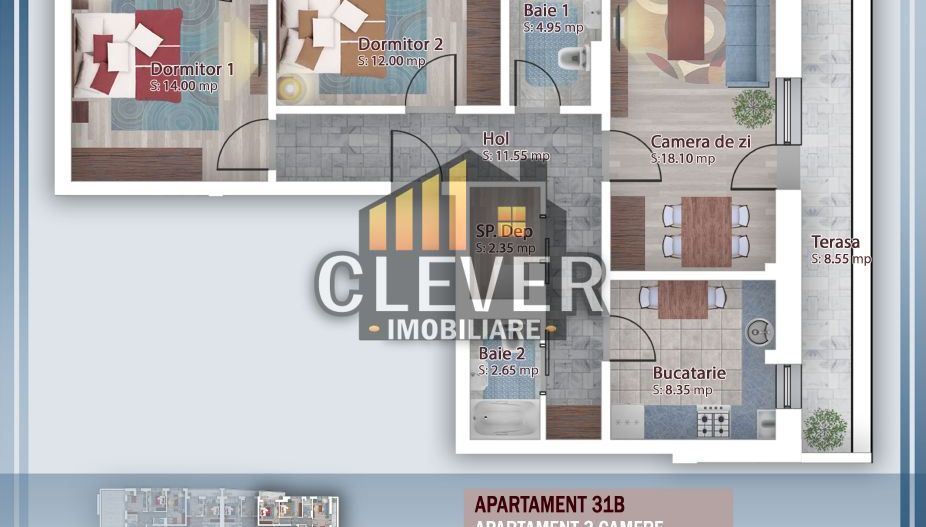 3 camere Pallady | 88,45 mp | 2 terase | Etaj retras - Poză 1