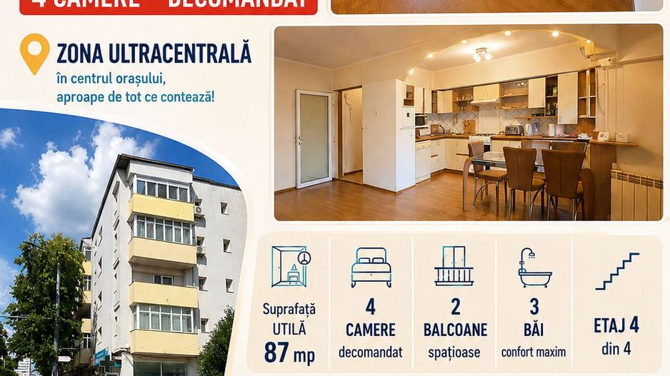 Apartament cu 4 camere, mobilat și utilat, VASLUI - zona ULTRACENTRAL; - Poză 1