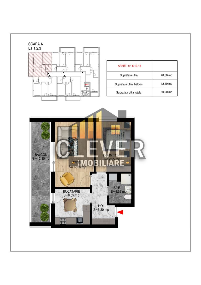 2 Camere | 60,9 mp Total | Balcon 12,4 mp | Pallady | Comision 0% - Poză 1