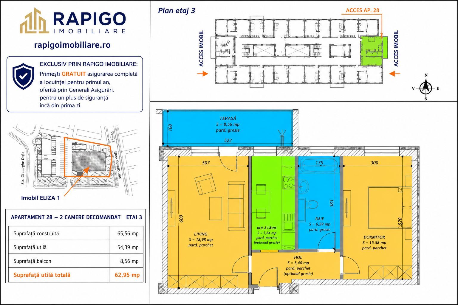 Apartamentul nr. 28 | 2 camere decomandat | Etaj 3 | Terasă 8,56 mp | - Poză 1