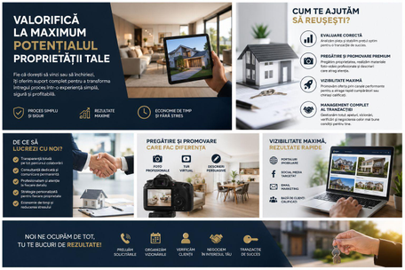 Cum te ajutăm să reușești?📊 Evaluare CorectăÎncepem cu o analiză realistă a proprietății, bazată pe dinamica actuală a pieței imobiliare, pentru a stabili prețul optim și a maximiza șansele unei tranzacții de succes.📸 Pregătire și Promovare PremiumPregătim proprietatea pentru prezentare și realizăm materiale foto-video profesionale, completate de descrieri persuasive care evidențiază punctele forte ale acesteia.🚀 Vizibilitate MaximăDezvoltăm o strategie de marketing personalizată și promovăm oferta prin canale performante pentru a atrage rapid cumpărători sau chiriași calificați.🤝 Management Complet al TranzacțieiGestionăm solicitările, preluăm apelurile, organizăm vizionările, verificăm potențialii clienți și negociem cele mai avantajoase condiții în interesul tău.De ce să lucrezi cu noi?✔ Transparență totală pe tot parcursul colaborării✔ Consultanță dedicată și comunicare permanentă✔ Profesionalism și atenție la fiecare detaliu✔ Strategie personalizată pentru fiecare proprietate✔ Economie de timp și reducerea stresului