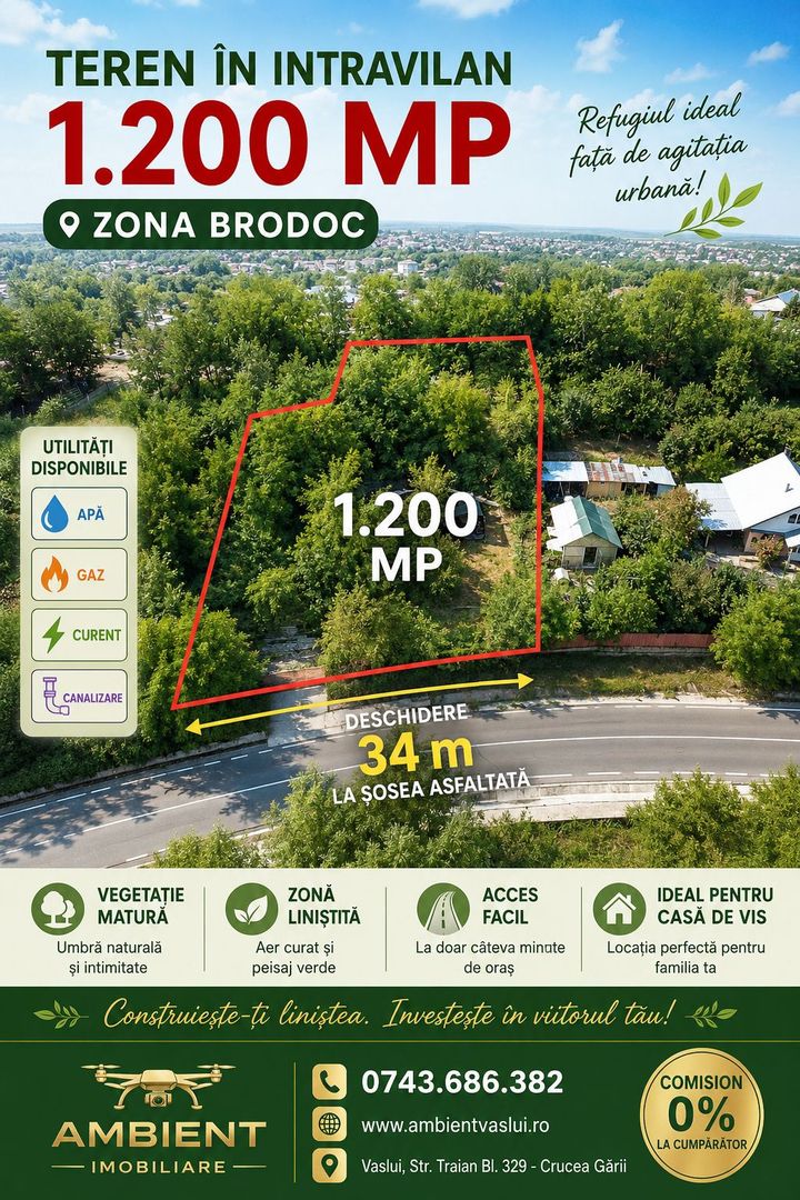 TEREN 1.200 mp în BRODOC - NATURĂ, INTIMITATE ȘI ACCES DIRECT LA ASFALT; - Poză 1
