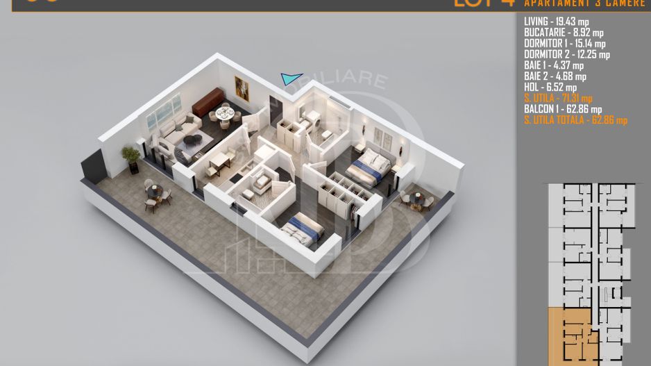 Apartament 3 camere Titan Th. Pallady-Sector 3-Metrou Teclu - Schiță 1