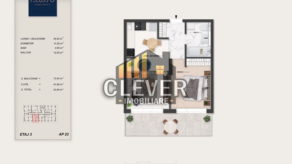 Studio cu Dormitor Separat | Terasă 12 mp | Pallady - Schiță 9