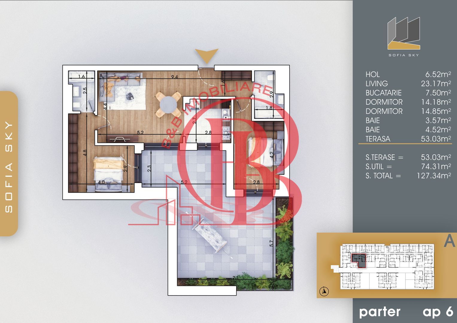 3 Camere-Terasa 53mp-7min Metrou Teclu-Direct Dezvoltator - Schiță 1