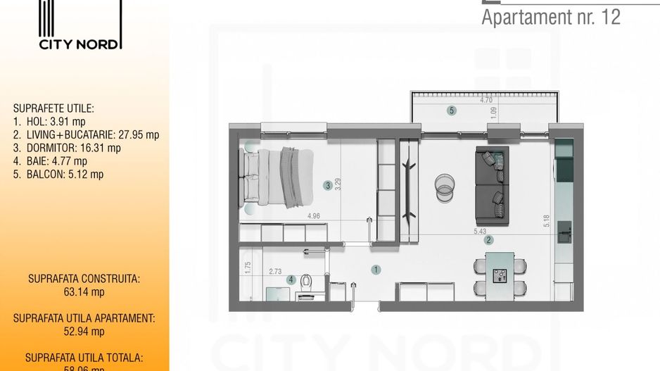 Apartament 12 / 24 – 2 camere – 52.9 mp – Balcon – Etaj 1 / Etaj 2 - Poză 1