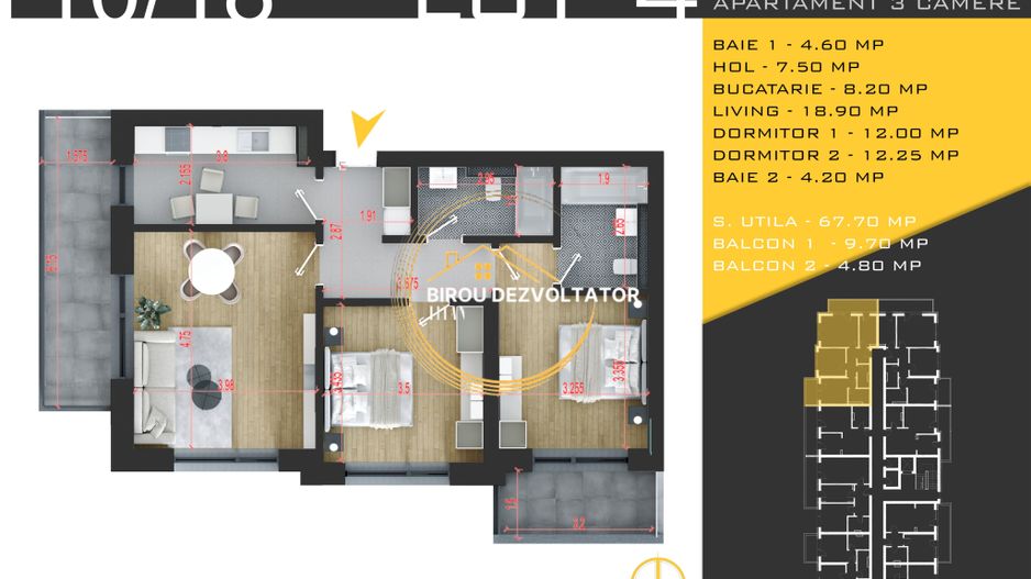 Modern Decomandat 2 bai 2 balcoane Metrou Teclu Pallady ikea titan - Schiță 3