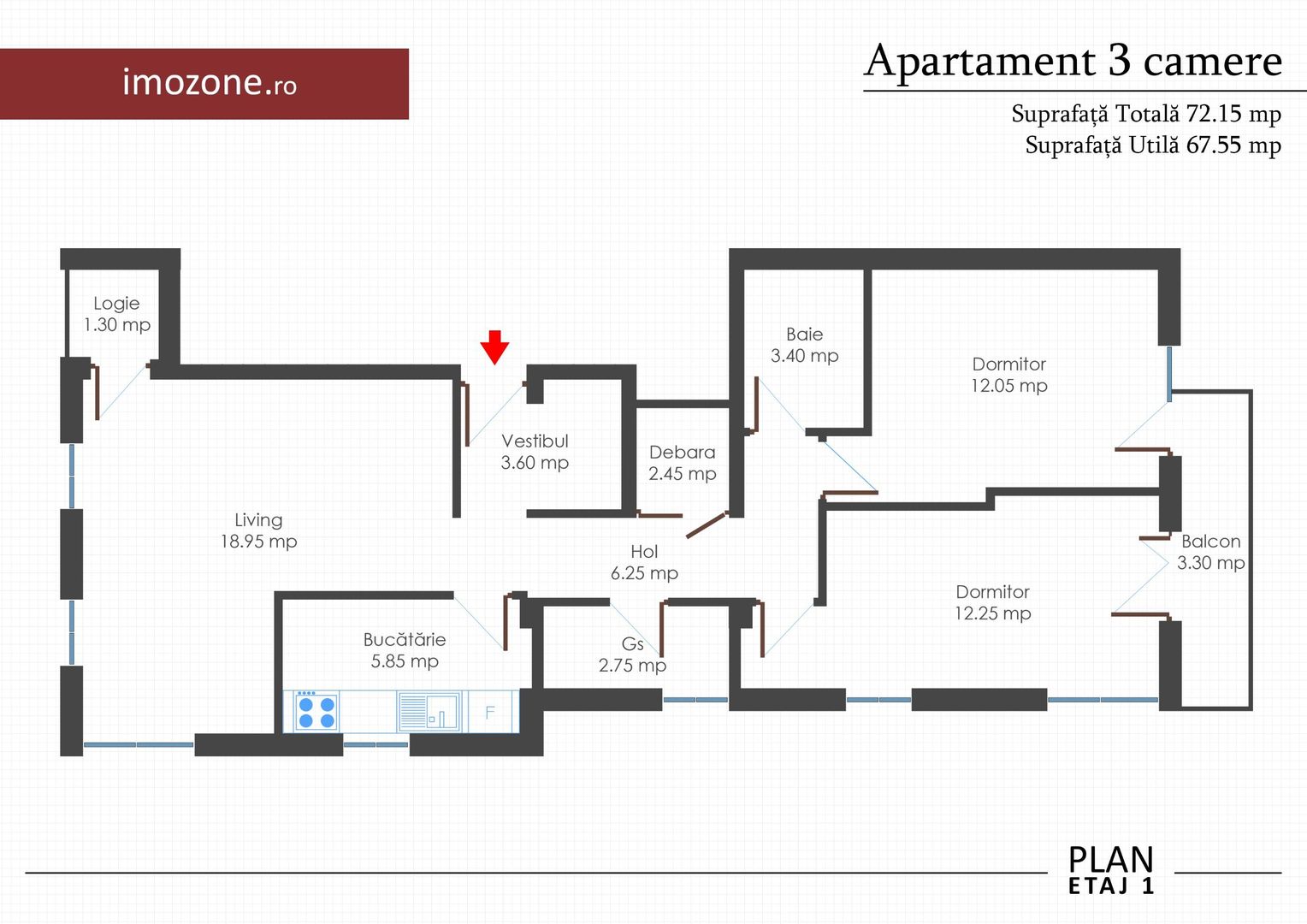 Apartament 3 cam., 2 bai, 2 balc., bloc nou, finisat la cheie, centrala termica - Schiță 16