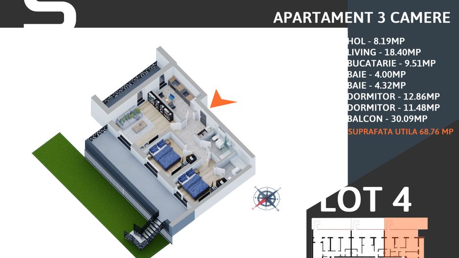 3 camere cu gradina -parcare inclusa -finalizat pret cu tva inclus - Schiță 6