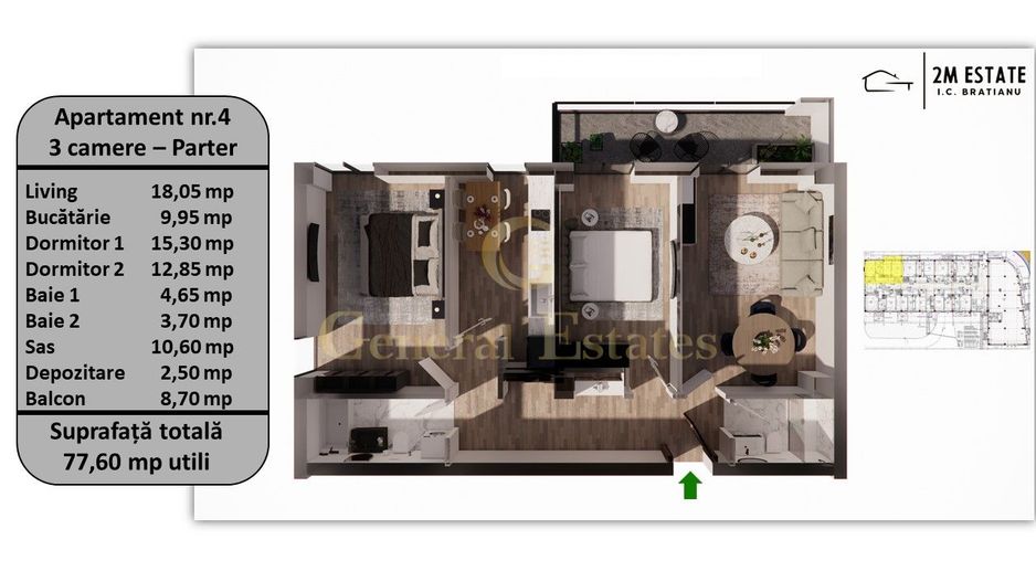 Apartament 3 camere, 75 mp utili + balcon, orientare Sud-Vest - Poză 1