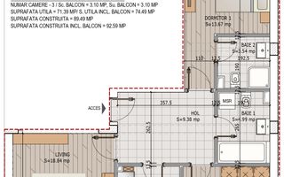 Titan Pallady Sector 3-Compartimentare practica-3 camere cu 2 bai - Schiță 12