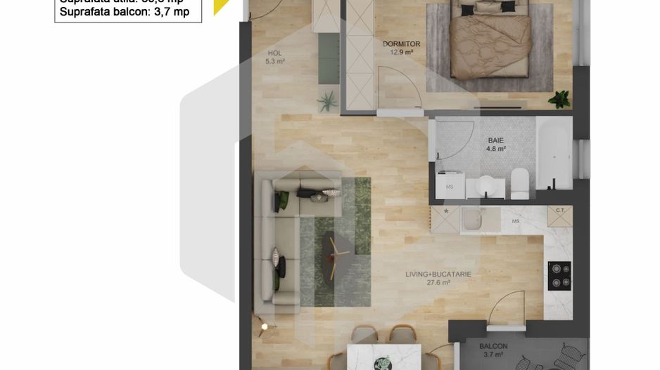 Apartament 2 Camere | La cheie | Doamna stanca | Etaj 2- INTABULAT - Poză 2