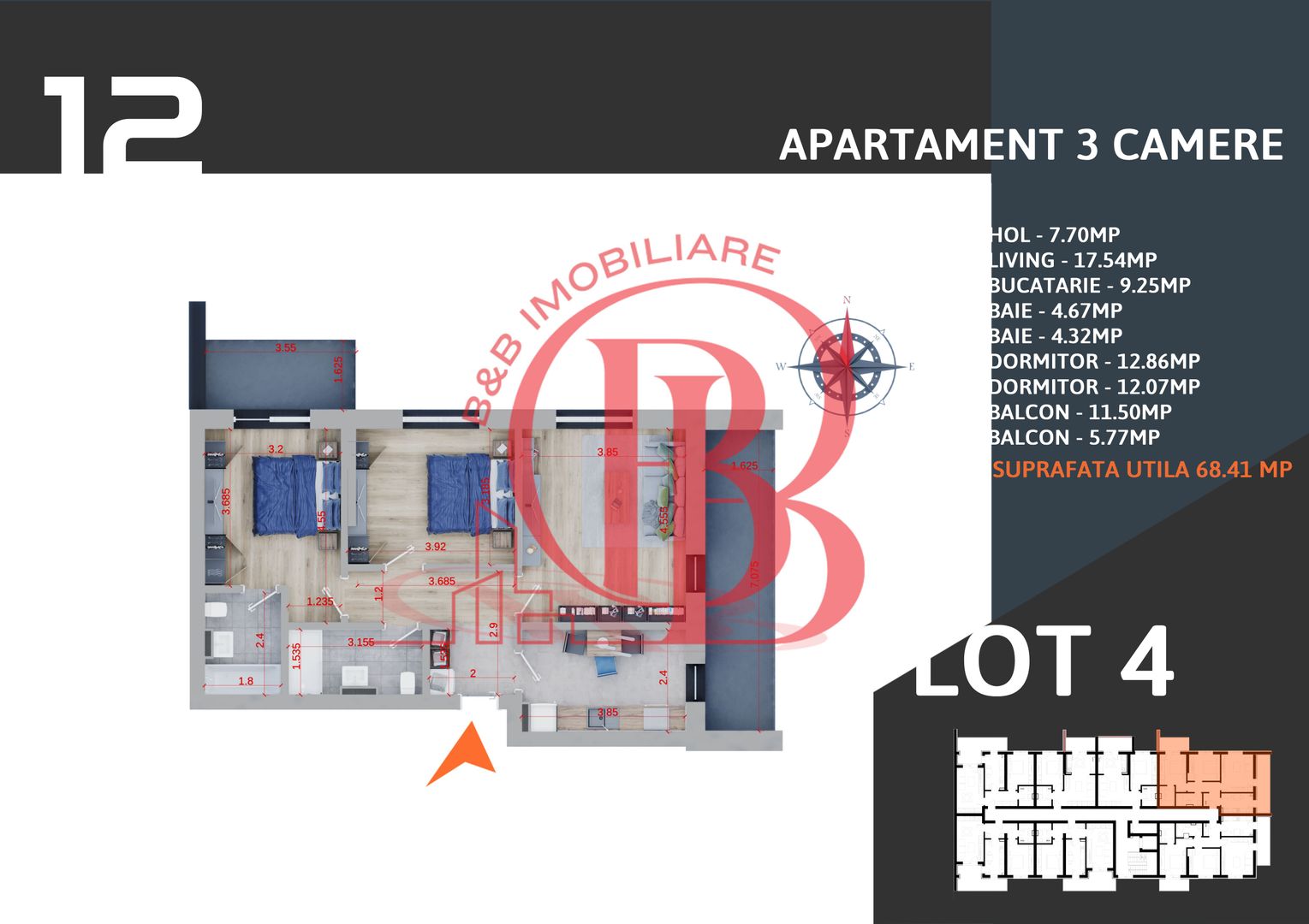3 camere  2 bai decomandat parcare gratuita demisol - Schiță 8