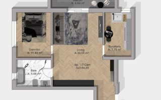 Apartament 2 Camere | Bucatarie Separata | Bloc Nou | Terra, Floresti - Schiță 3
