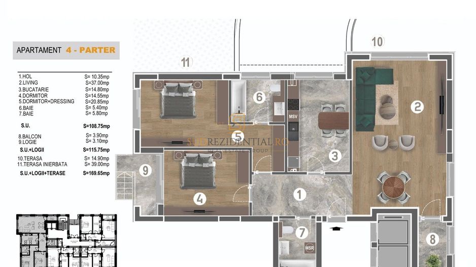 Apartament 3 camere de vanzare, terasa privata, zona Piata Sudului - Schiță 4