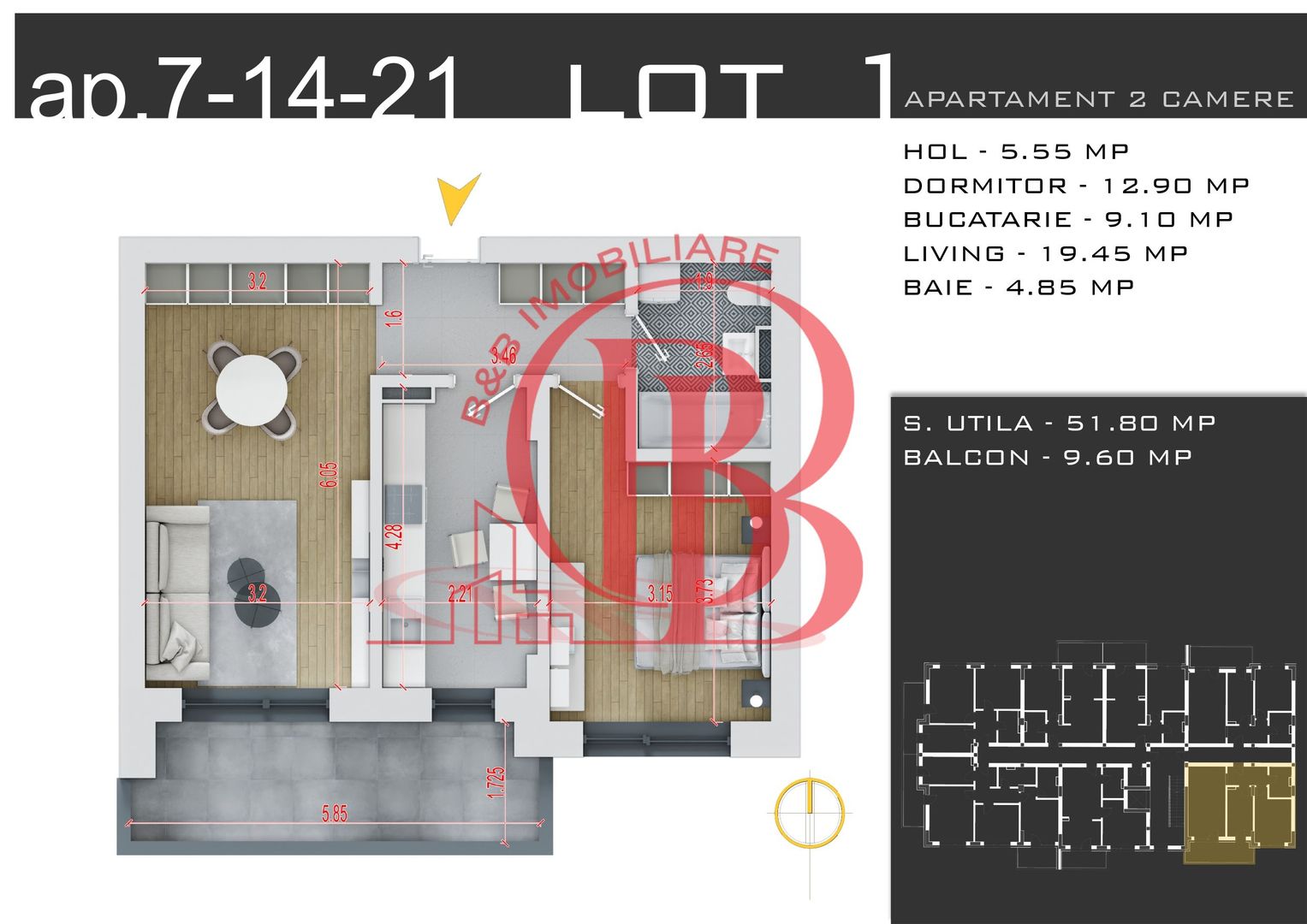 2 camere decomandat -parcare inclusa -Pallady - Schiță 1