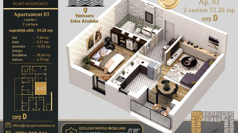 Apartament 03D, Corp D – 2 camere | 53,28 mp | Jabri Nord Residence - Poză 1