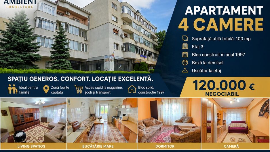 Apartament cu 4 camere, SC -133 mp, etaj 3, VASLUI - zona TRAIAN - ITM; - Poză 1