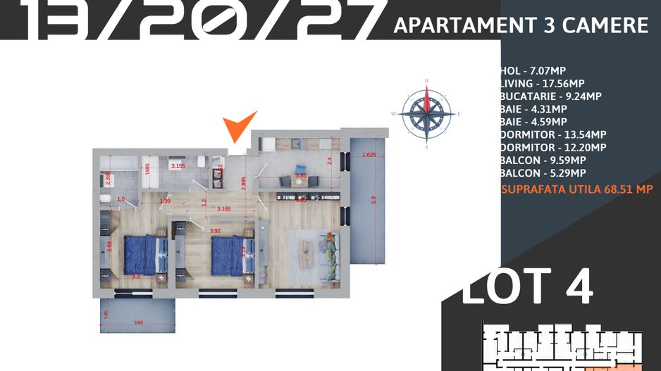 Oferta Lansare 2 camere decomandat parcare inclusa Titan Pallady Metrou Teclu - Schiță 1