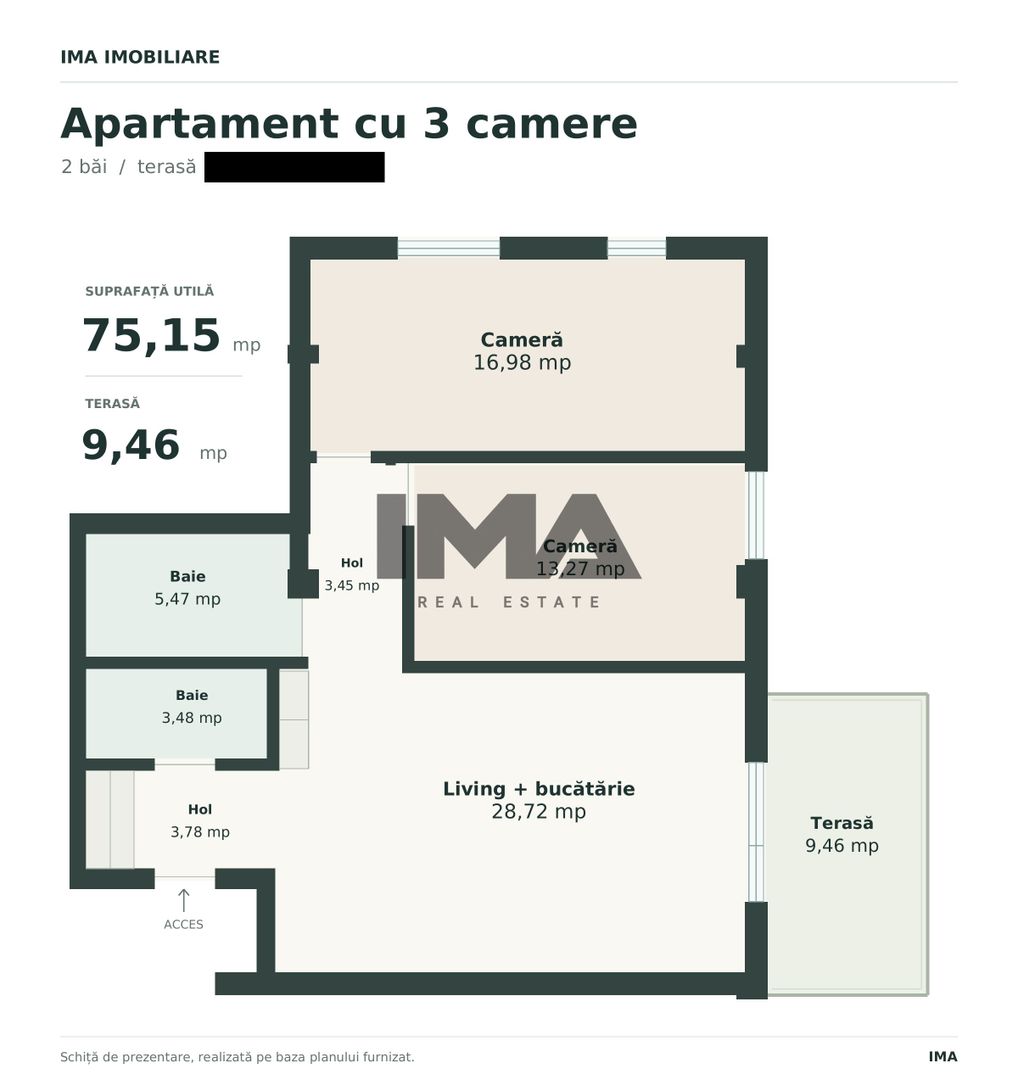 Apartament 3 camere | 75 mp utili | 2 băi | terasă | CF | Iris - Schiță 2
